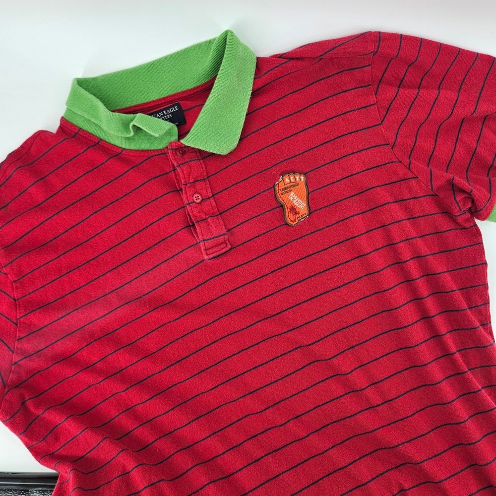American Eagle Mens XXL Polo Shirt Cotton Striped Green Collar Preppy Y2K Red